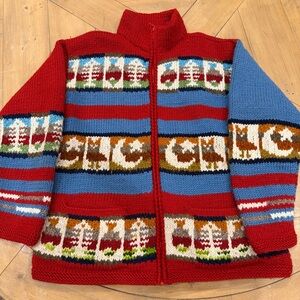 Artesanias Ishka 100% Wool Colorful Knit Zip-Up Sweater Vintage Style Granny